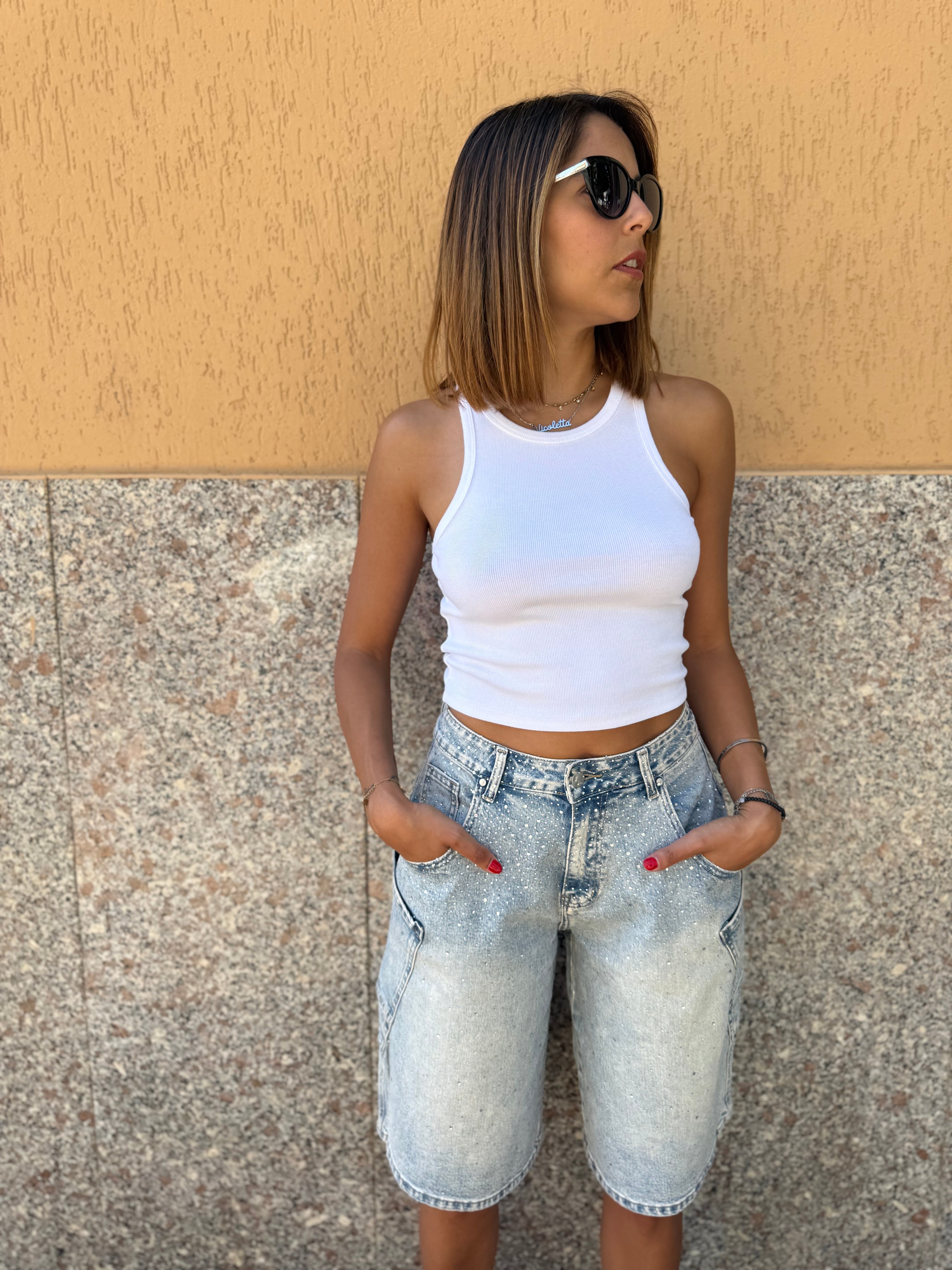 Top crop “Essential Rib” bianco