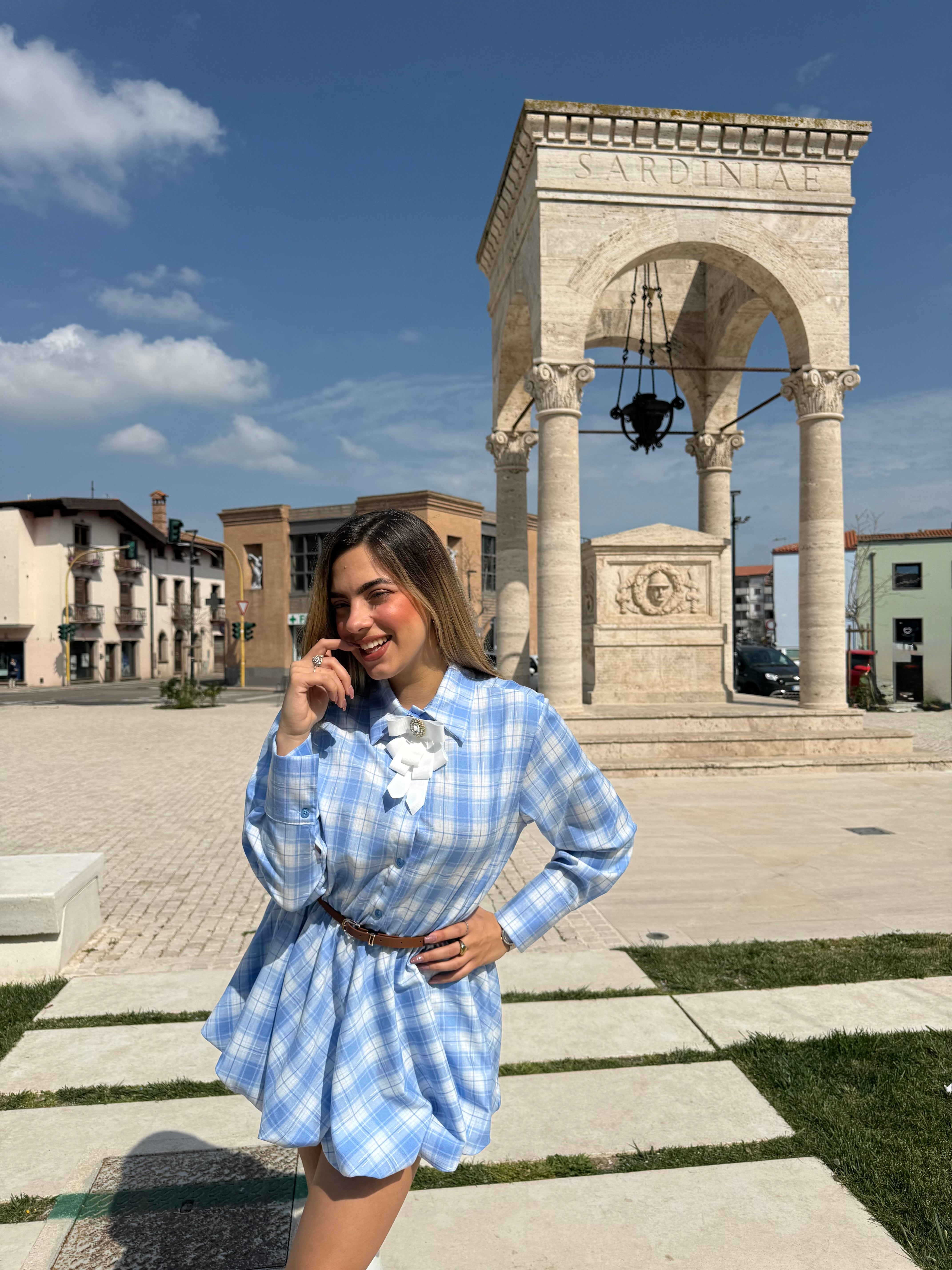 Abito Chemisier “Balloon Check” azzurro